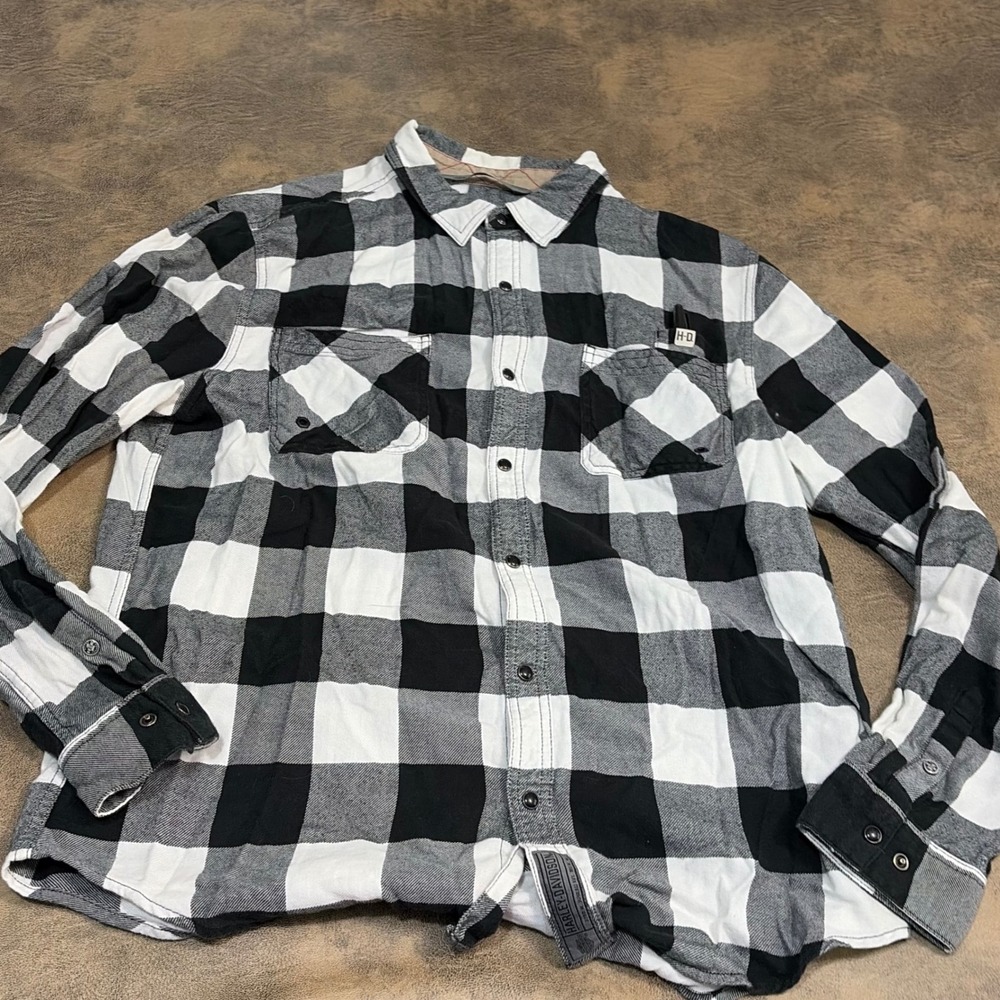 Harley Davidson Snap Flannel Shirt Mens L Slim Black White Buffalo Plaid